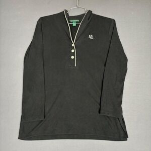 Lauren Ralph Lauren Black Long Sleeve Polo Button Up Pajama Top Size Small